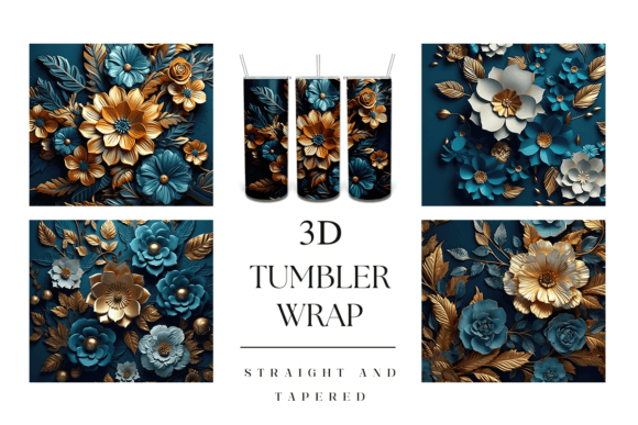 20oz 3D Blue and Gold Flower Tumbler Set: A Digital Design for Creative Expression