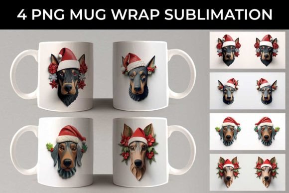 3D Christmas Doberman Dog Mug Wrap PNG