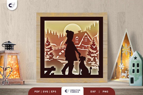 Girl and Dog in Winter 3D Shadow Box SVG