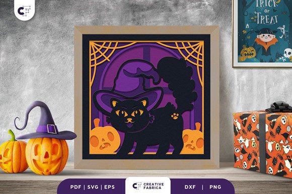 Halloween Witch Cat 3D Shadow Box SVG: A Creative Halloween Decoration for Enthusiasts