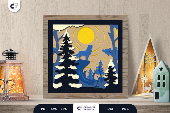 Wolf in the Winter Forest 3D Shadow Box